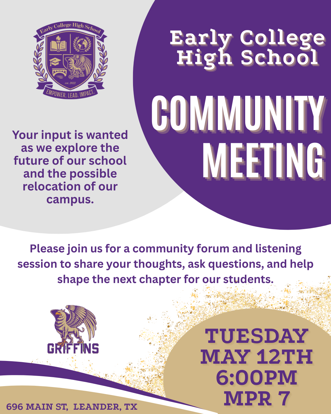 Join us for an important discussion regarding the future of our school and the proposed relocation of Early College High School to the Faubion Elementary School site, alongside New Hope High School. District leaders will be present to share information and hear from parents, students, and community members. This is a critical opportunity to ask questions, share perspectives, and advocate for the continued success of our students. Tuesday May 12 2026, 6:00pm, MPR 7